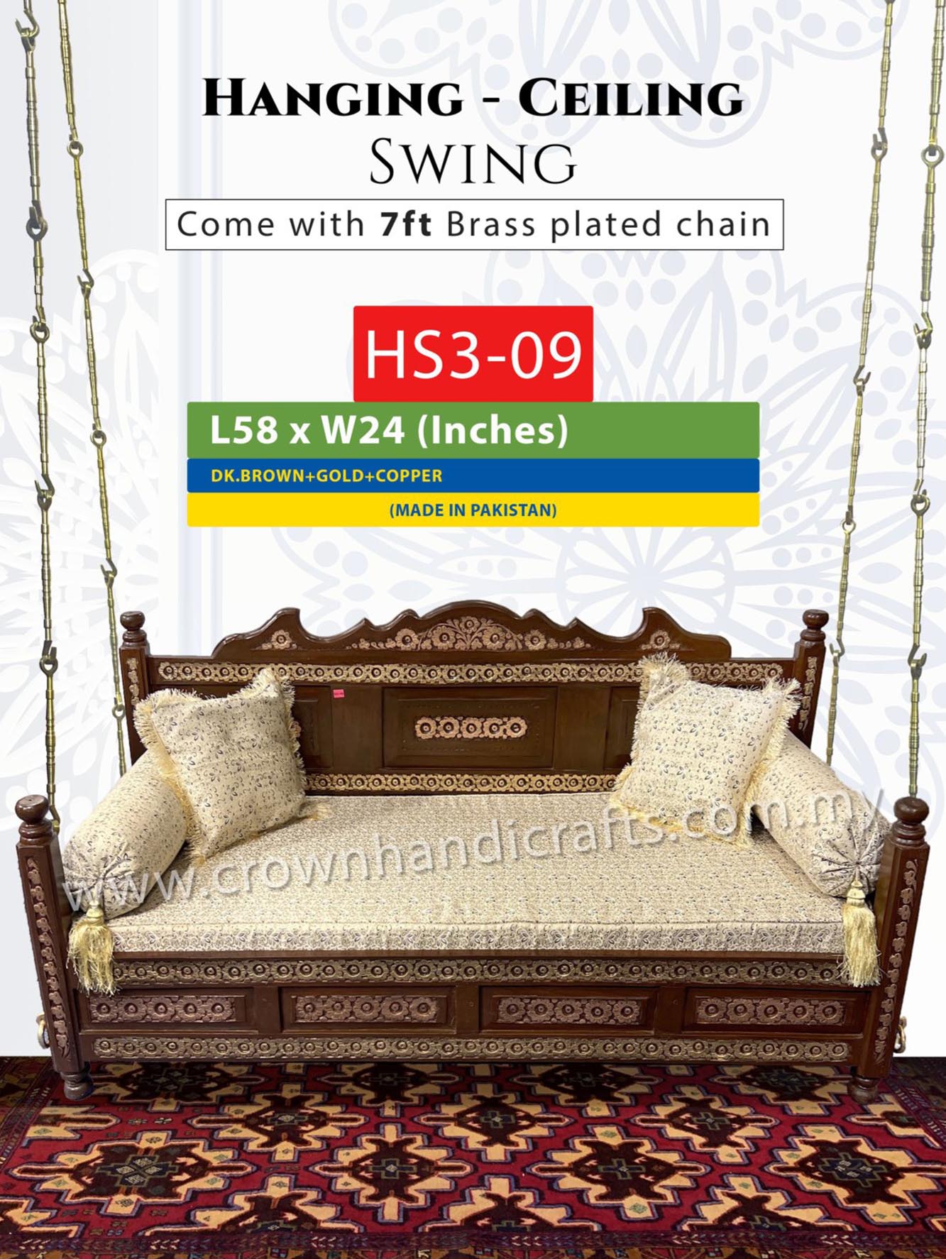 Ceiling Hanging Swing 3 seater Luxurious Handcrafted Indian and Pakistani Wooden Swing in Premium Rosewood, Combining Traditional Elegance and Modern Luxury for Your Home Decor Maharaja Swing Hanging 3 Seater HS3-09