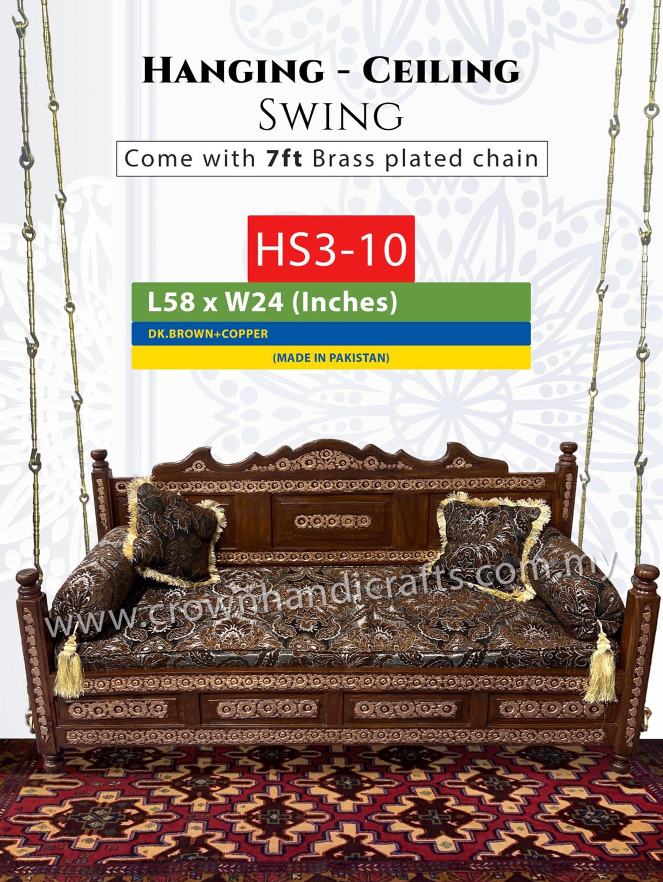 Ceiling Hanging Swing 3 seater Luxurious Handcrafted Indian and Pakistani Wooden Swing in Premium Rosewood, Combining Traditional Elegance and Modern Luxury for Your Home Decor Maharaja Swing Hanging 3 Seater HS3-10