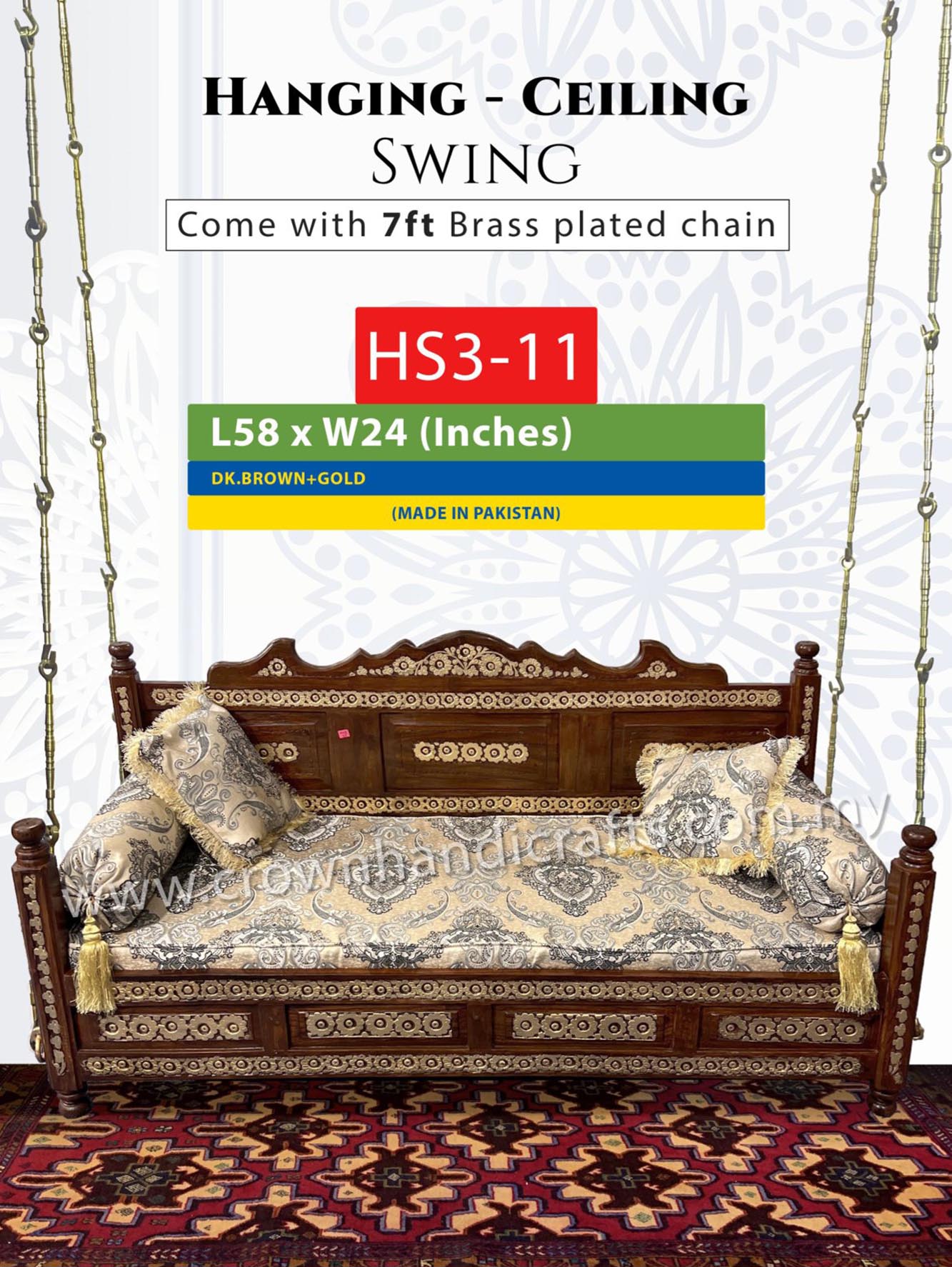 Ceiling Hanging Swing 3 seater Luxurious Handcrafted Indian and Pakistani Wooden Swing in Premium Rosewood, Combining Traditional Elegance and Modern Luxury for Your Home Decor Maharaja Swing Hanging 3 Seater HS3-11