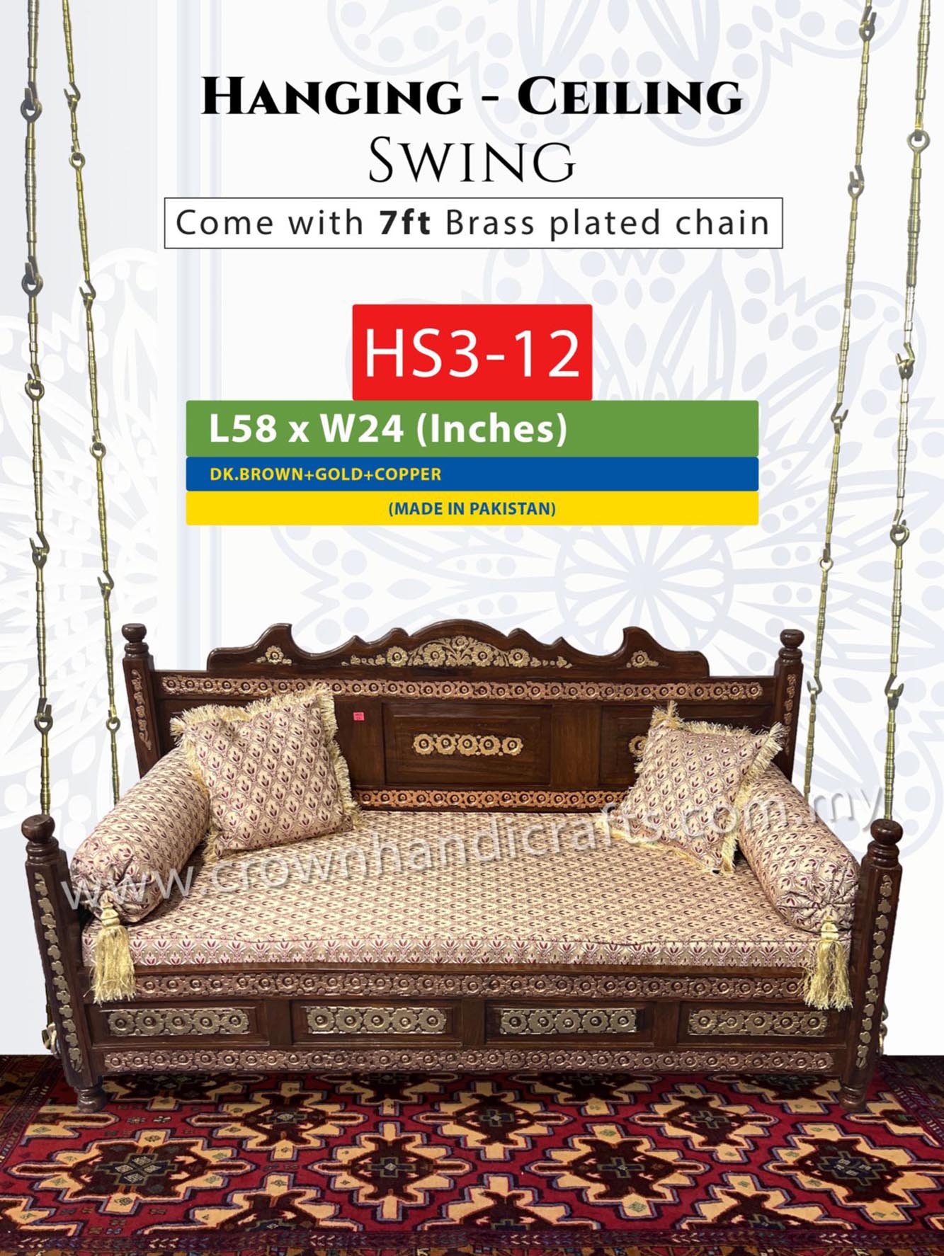 Ceiling Hanging Swing 3 seater Luxurious Handcrafted Indian and Pakistani Wooden Swing in Premium Rosewood, Combining Traditional Elegance and Modern Luxury for Your Home Decor Maharaja Swing Hanging 3 Seater HS3-12