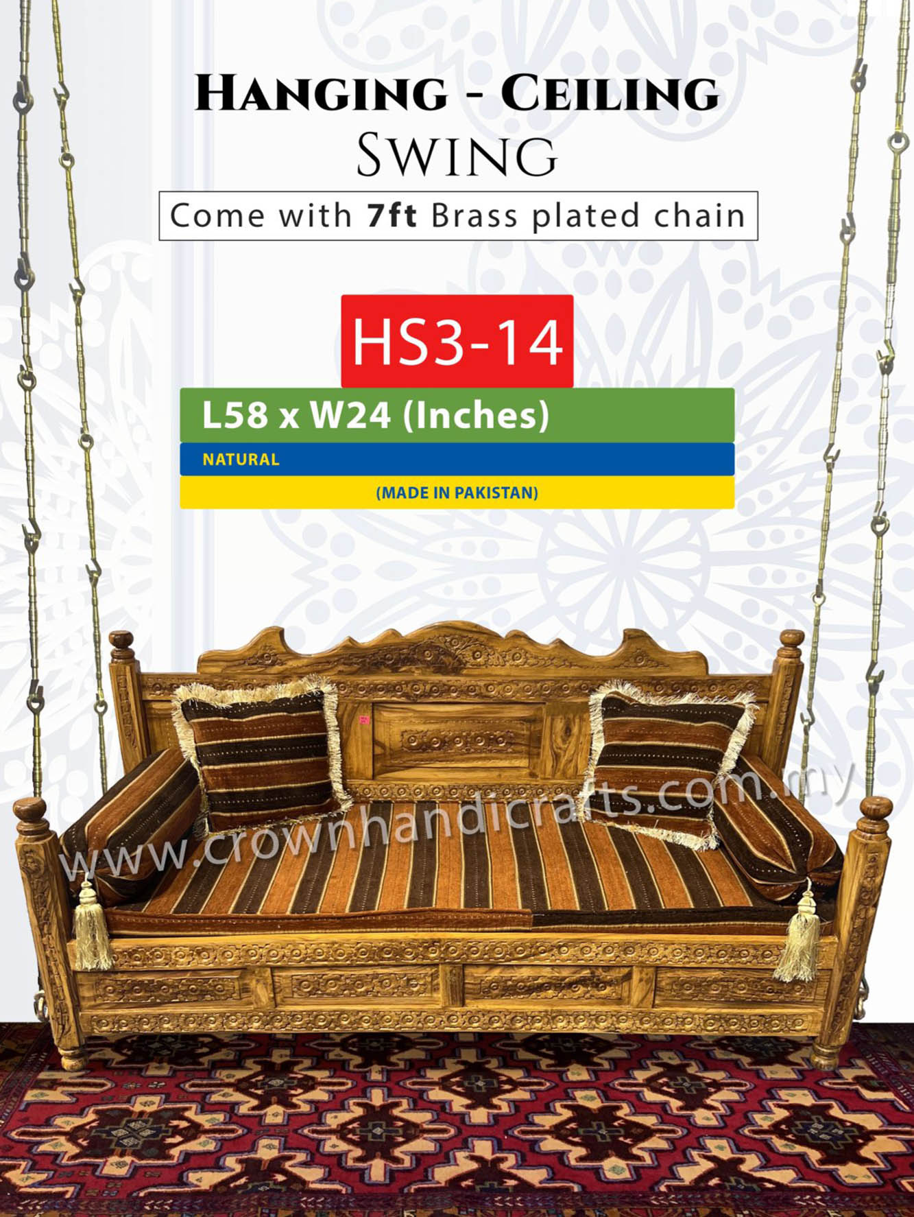 Ceiling Hanging Swing 3 seater Luxurious Handcrafted Indian and Pakistani Wooden Swing in Premium Rosewood, Combining Traditional Elegance and Modern Luxury for Your Home Decor Maharaja Swing Hanging 3 Seater HS3-14