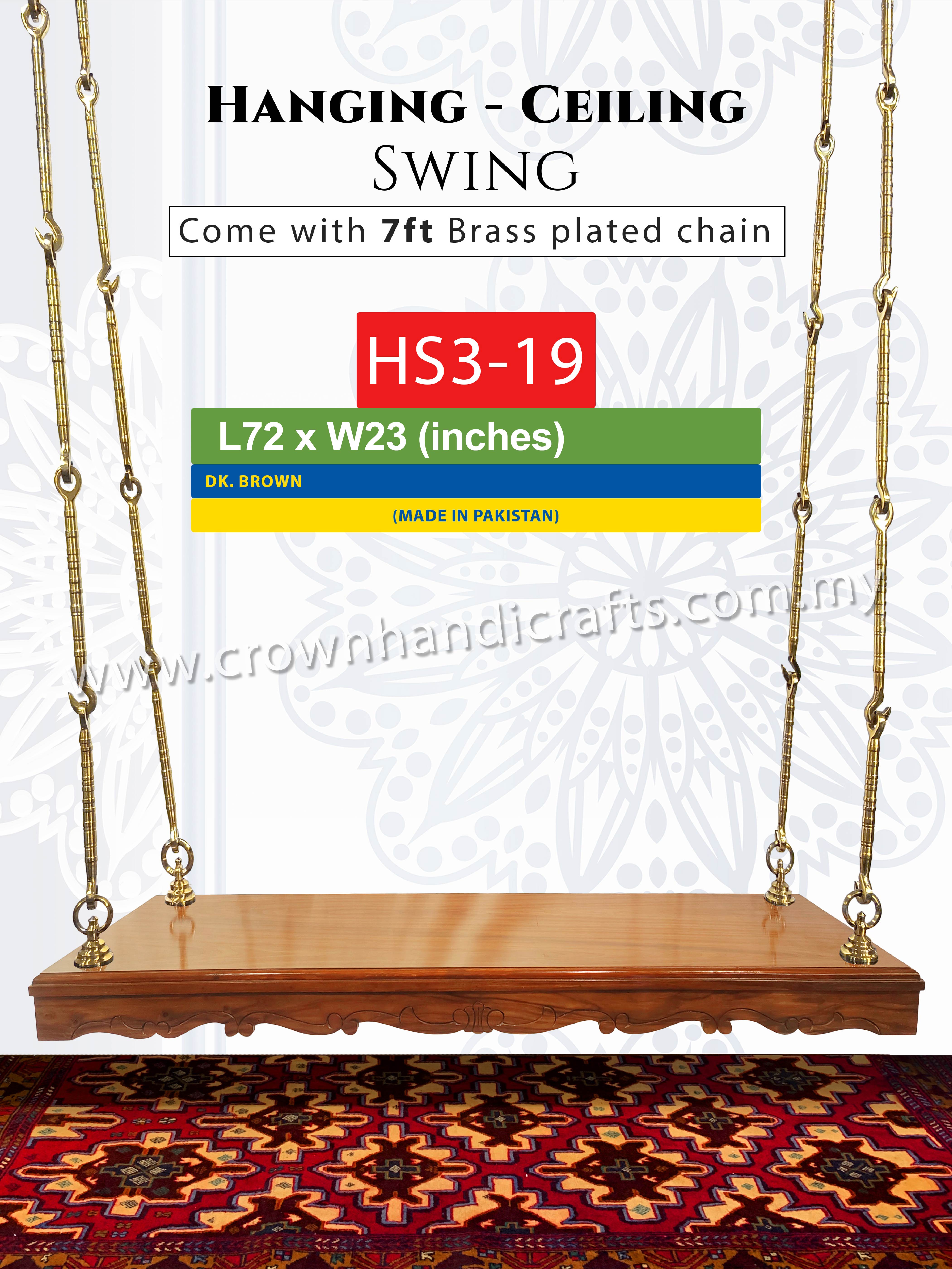 Beautifully Handcrafted Wooden Ceiling Swing – 3-Seater Backless Design Bringing Timeless Heritage Comfort to Your Home HS3-19