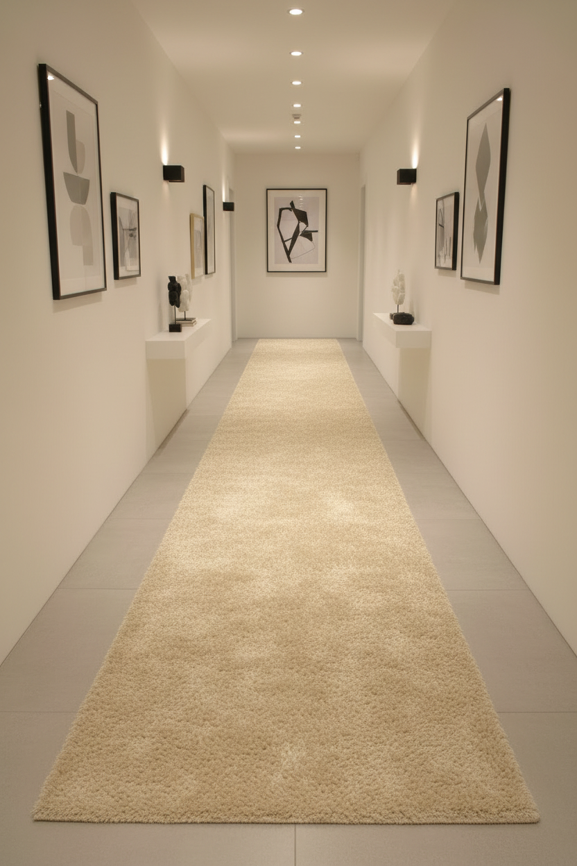 Long hallway with a beige runner rug, white walls, and framed art.