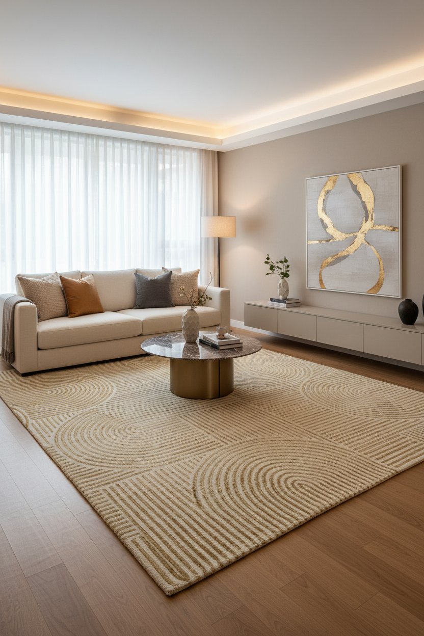 Modern living room with beige sofa, coffee table, and decorative rug.