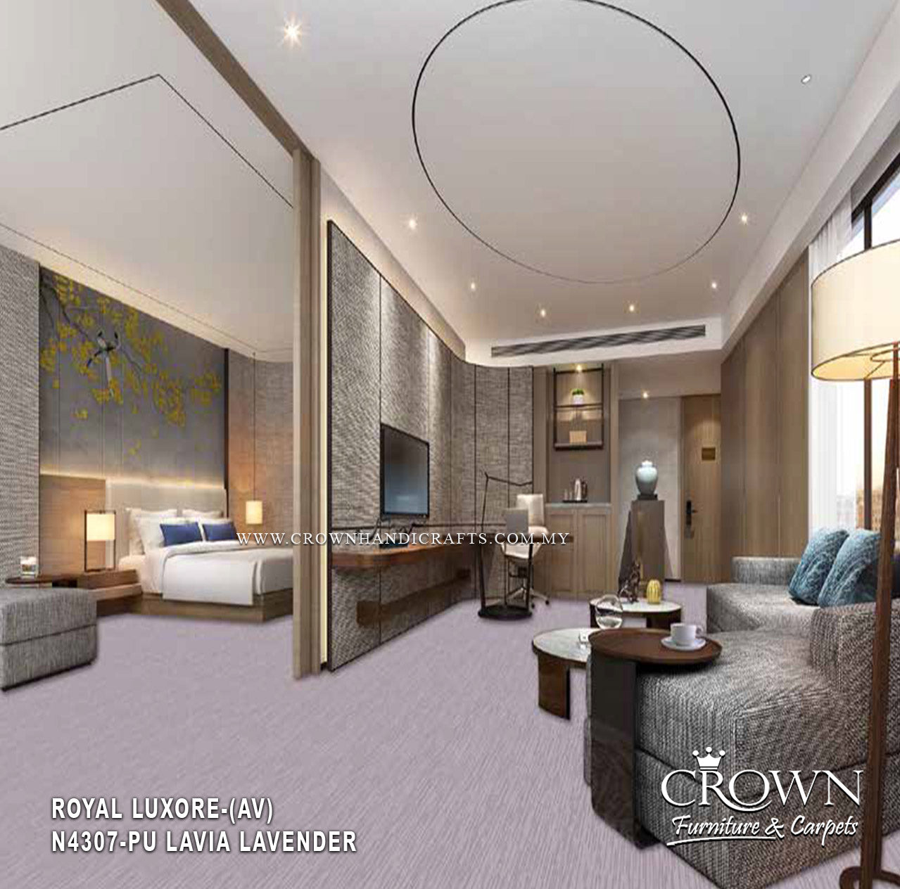 Wall-to-wall carpet in Lavia Lavender with dense looped texture