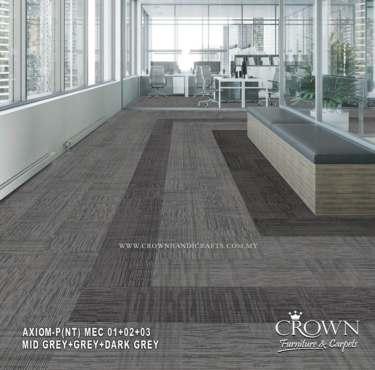 Modular carpet tiles in dark grey with textured pattern, tufted loop design.