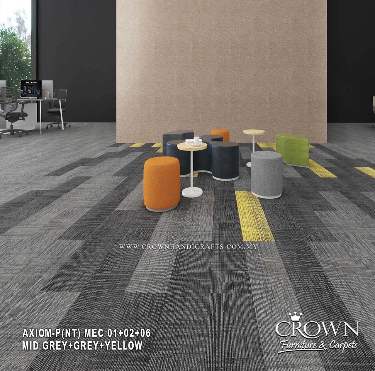 Modular carpet tiles in mid grey with yellow, green, and orange accent squares.