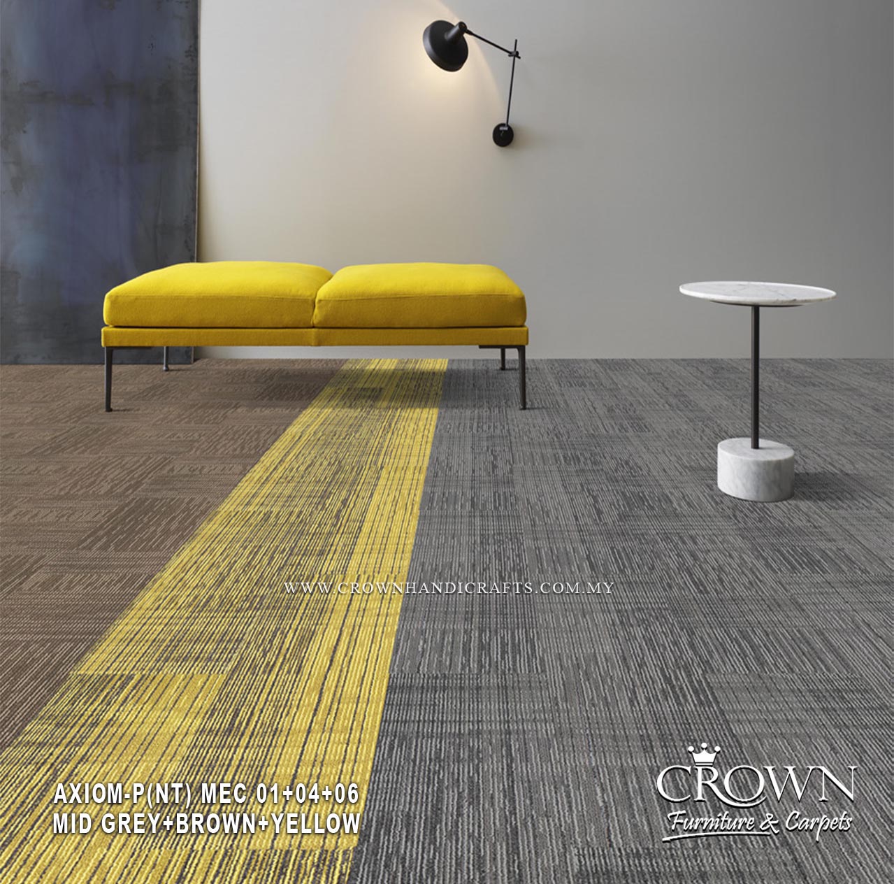 Mid grey and yellow striped modular carpet tiles with low-pile textured pattern