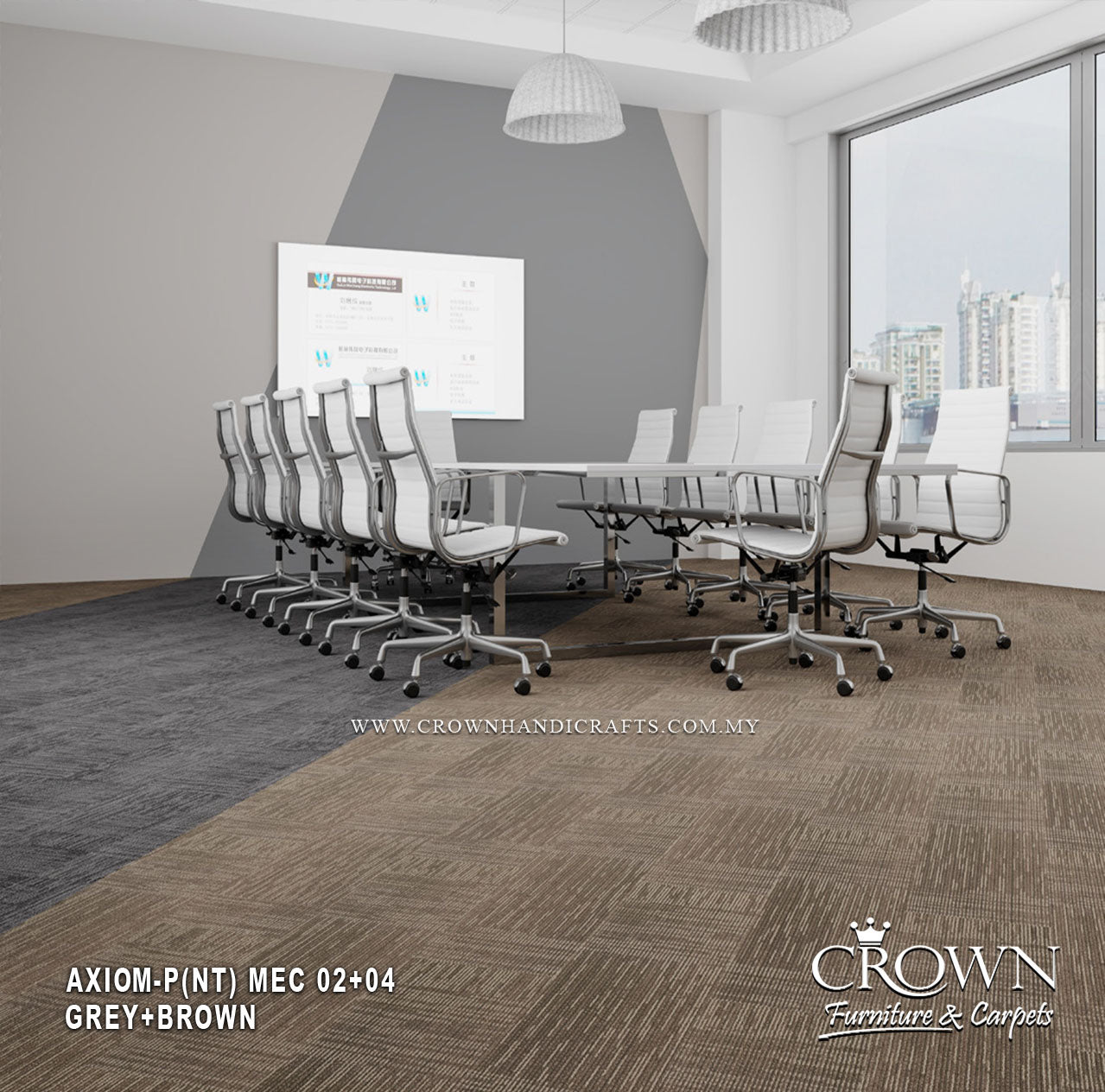 Textured grey modular carpet tile plank with speckled low-pile stripe pattern