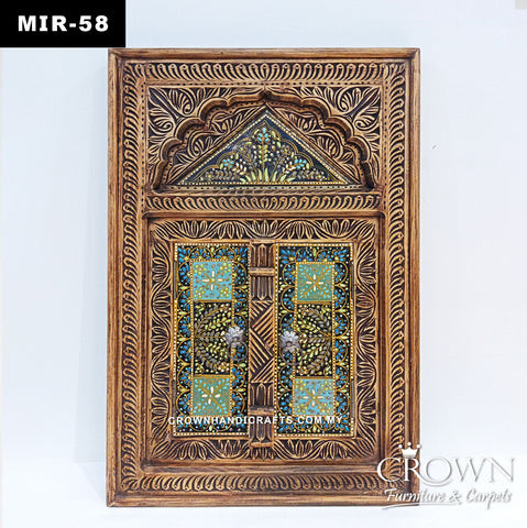 Antique Wooden Window Design Mirror | Hand-Carved Solid Wood Frame with Hand-Painted Floral Art & Double Doors | MIR 58 (L24 W2 H36 Inches)