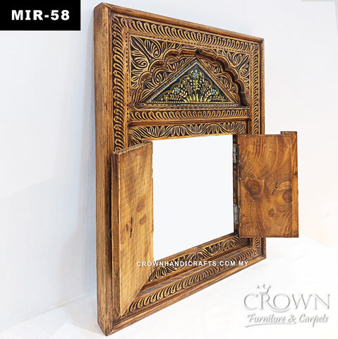 Antique Wooden Window Design Mirror | Hand-Carved Solid Wood Frame with Hand-Painted Floral Art & Double Doors | MIR 58 (L24 W2 H36 Inches)