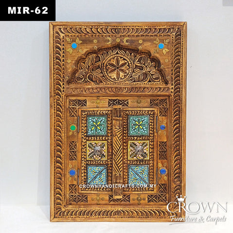 Antique Window-Inspired Mirror Frame | Exquisite Solid Wood Carving, Hand-Painted Art & Opening Doors | MIR 62 (L24 W2 H36 Inches)