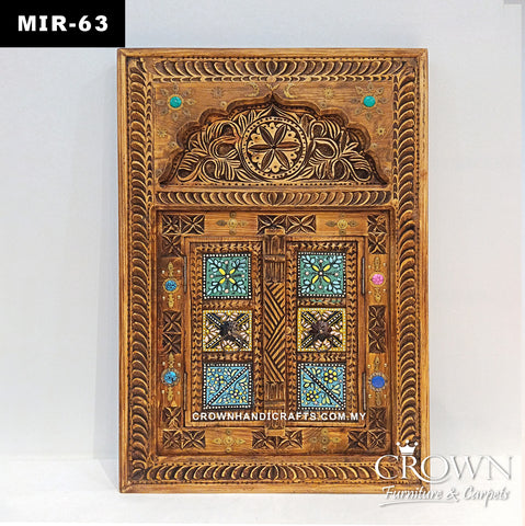 Solid Wood Window Design with Opening Doors & Hand-Painted Floral Art | Handcrafted Antique Mirror Frame | MIR 63 (L24 W2 H36 Inches)