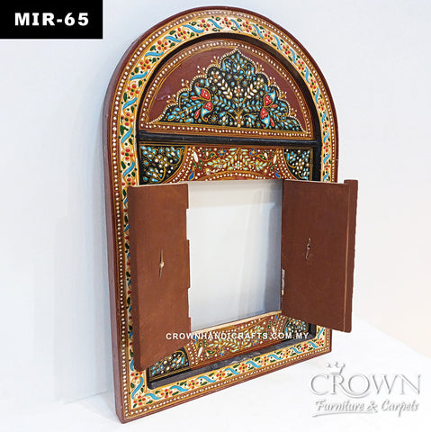 Hand-Carved Solid Wood Frame with Hand-Painted Floral Art & Double Doors | Antique Wooden Window Mirror | MIR 65 (L24.5 W1.5 H37.5 Inches)
