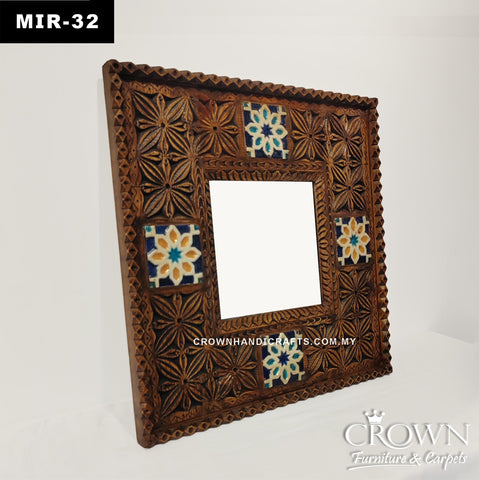 Handcrafted Moroccan Geometric Design Wooden Mirror Frame | MIR-32 (L24 W1.5 H24 Inches)