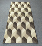 Modern geometric runner rug with cream background and dark brown cube pattern
