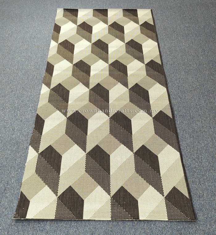 Modern geometric runner rug with cream background and dark brown cube pattern