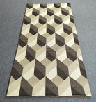 Geometric diamond-cube runner rug in cream and dark brown with flat weave