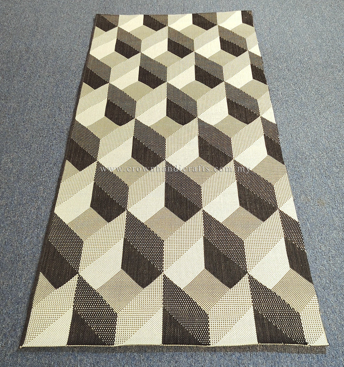 Geometric diamond-cube runner rug in cream and dark brown with flat weave
