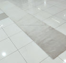 Light oatmeal beige extra-long runner rug, straight border and soft pile