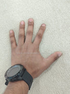 Oatmeal beige runner rug, hand pressing into plush pile texture