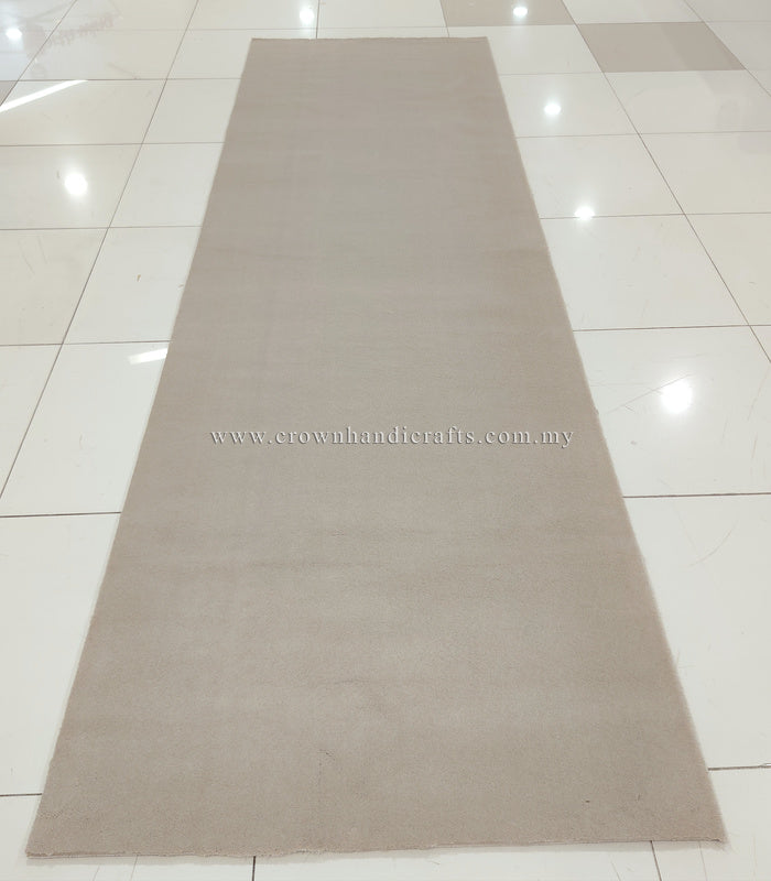 Oatmeal beige long runner rug, full layout view with smooth low pile and straight edges.