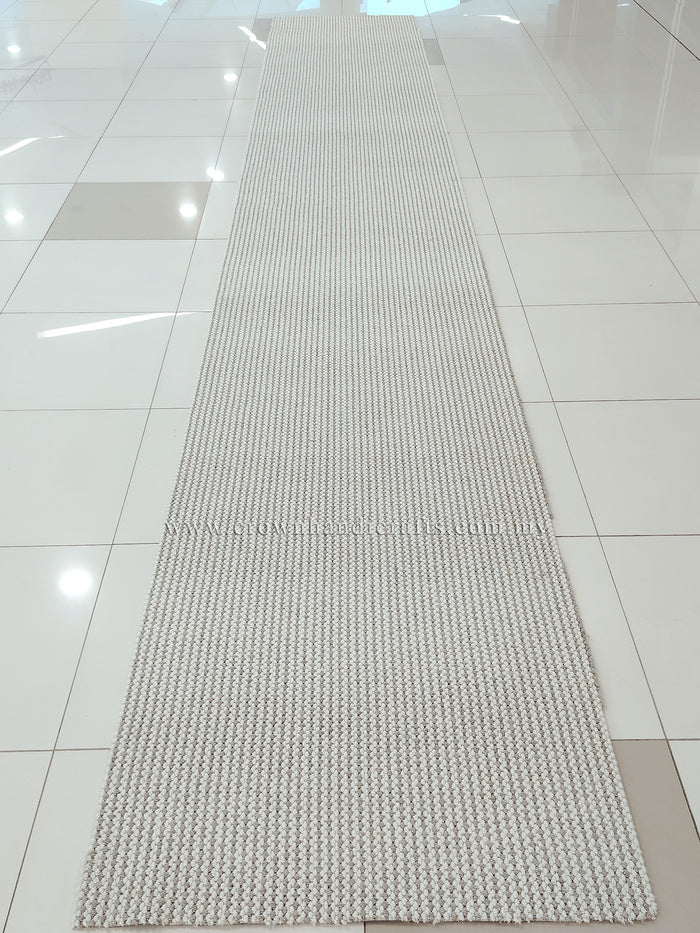 Natural runner rug centered view, long narrow looped weave with subtle stripe