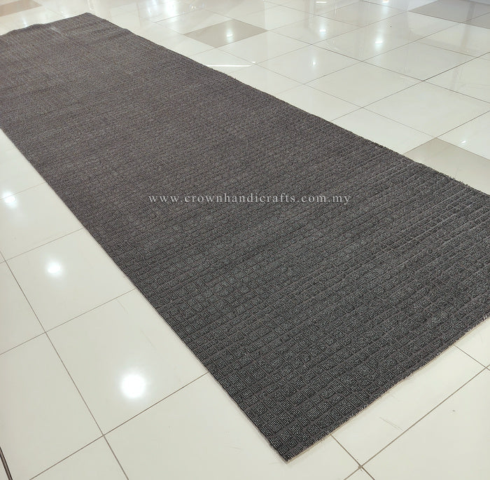 Dark grey extra-long area rug with low-pile textured weave and woven grid pattern
