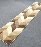 Geometric bone, brown and cream runner rug with zigzag and cube-like pattern.