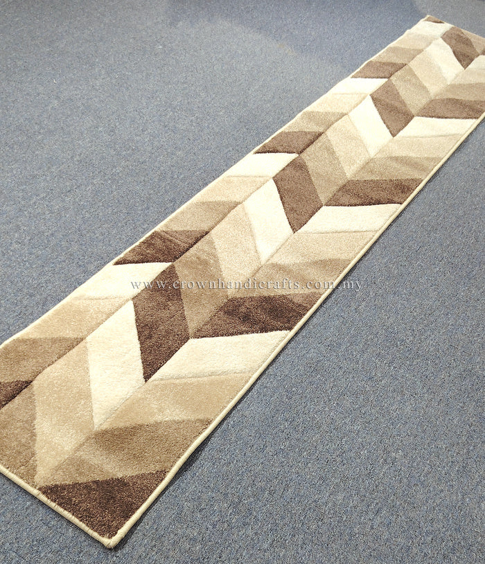 Geometric bone, brown and cream runner rug with zigzag and cube-like pattern.