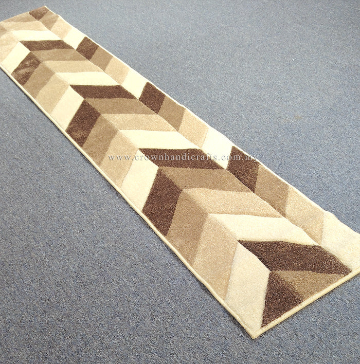 Chevron runner rug in bone and brown with rectangular check segments and border.