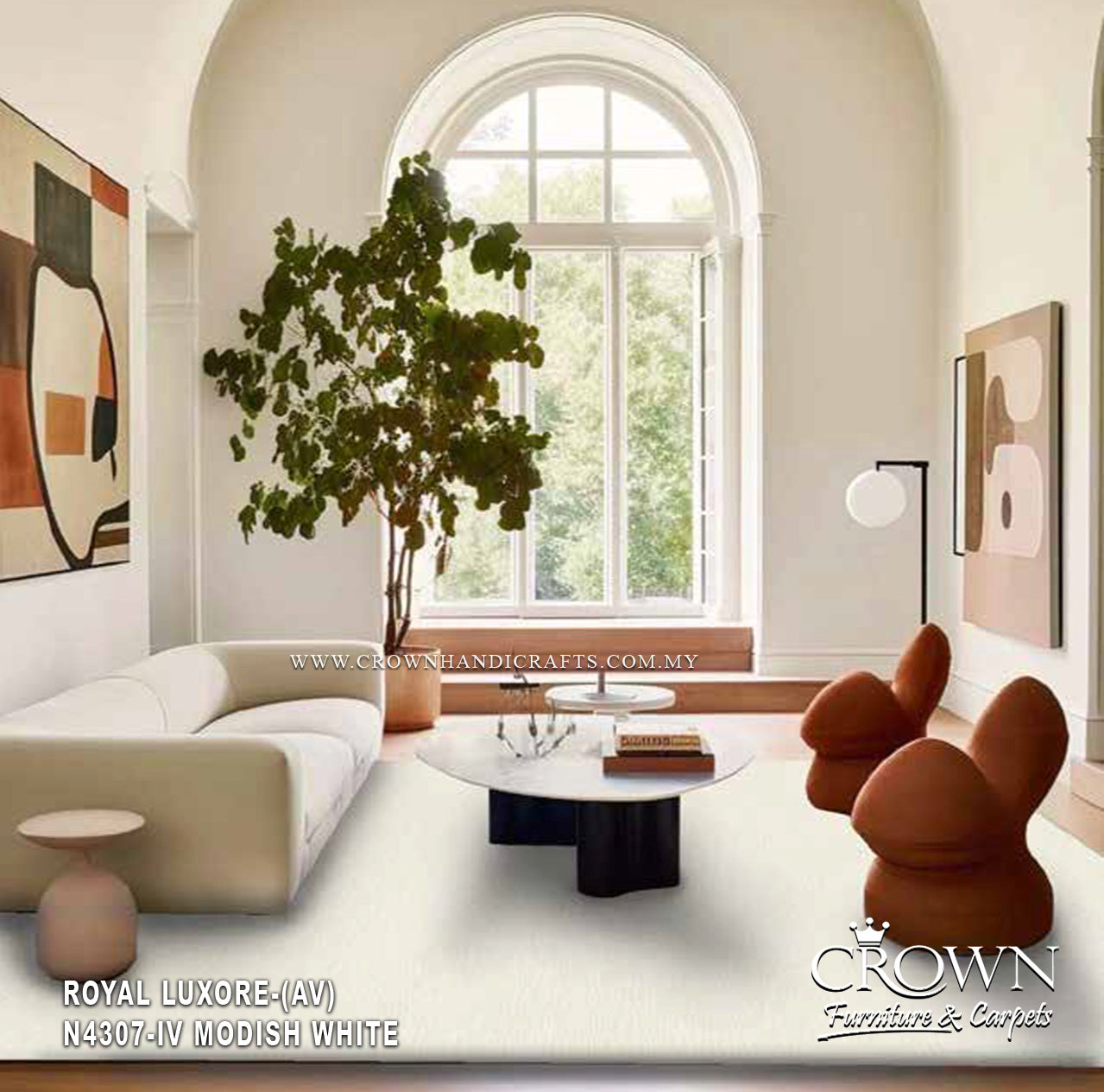 Wall-to-wall carpet in Modish White with dense, uniform pile texture