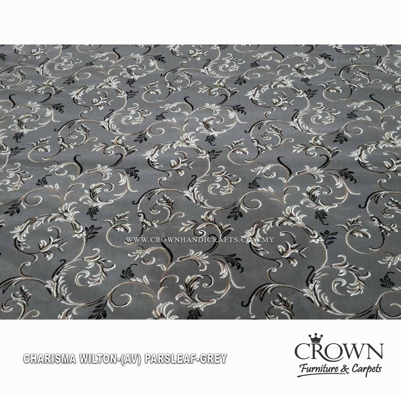 Grey Wilton wall-to-wall carpet with silver-toned damask scroll pattern