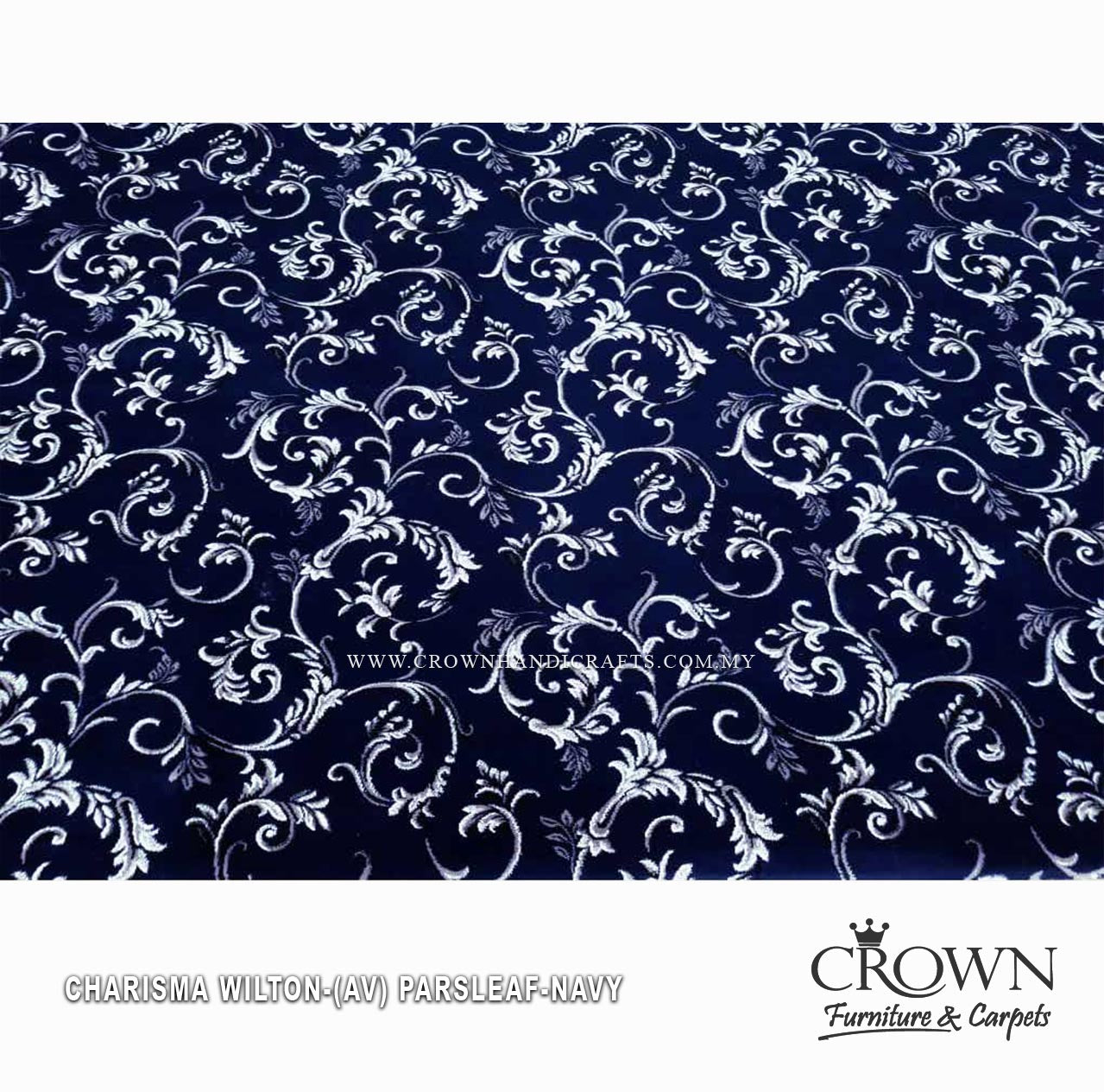 Navy Wilton wall-to-wall carpet with light gold scrolling damask pattern