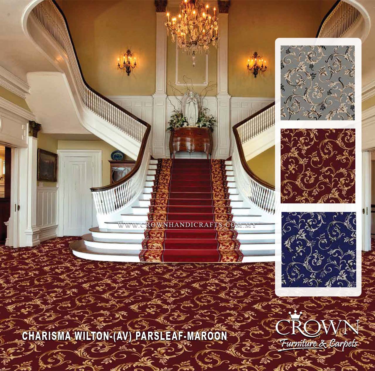Maroon Wilton wall-to-wall carpet with ornate gold scroll pattern