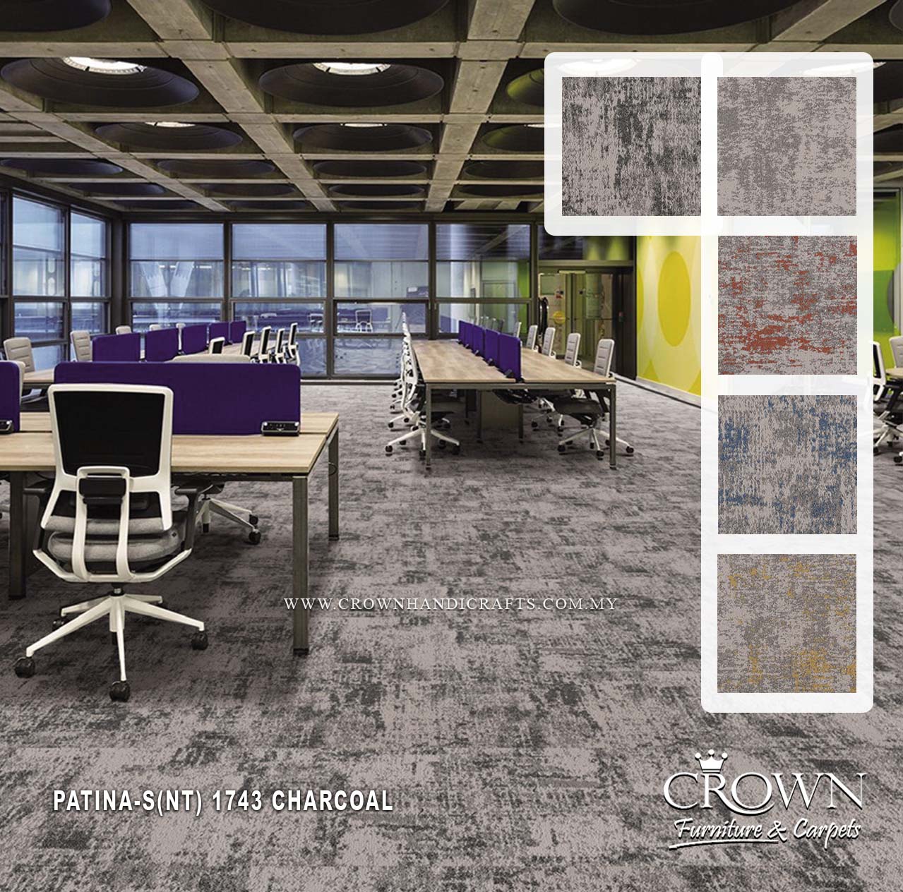 Charcoal grey modular carpet tiles with dense mottled, textured surface pattern
