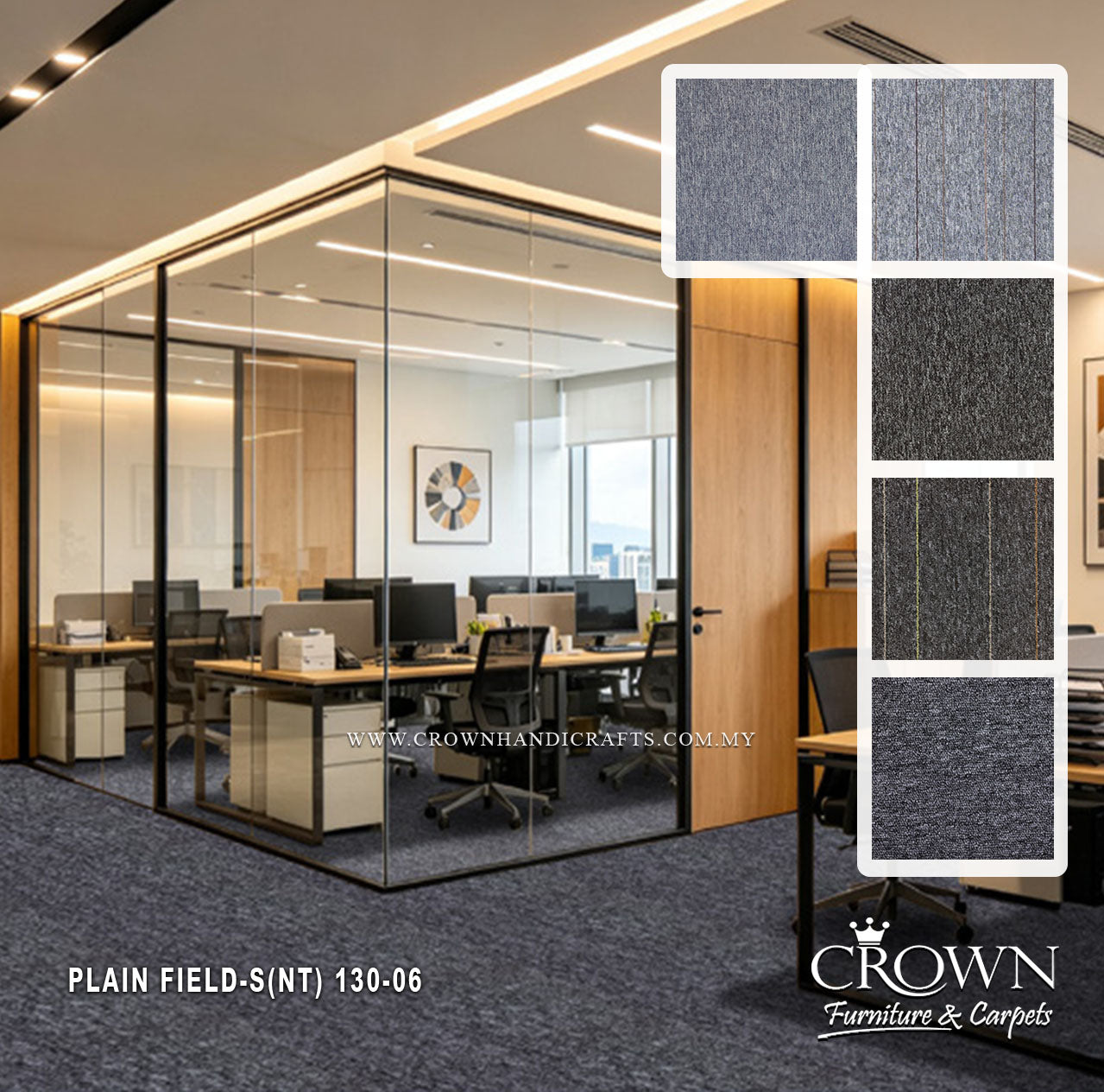 Slate-blue textured carpet tiles, modular field pattern (50x50 cm).