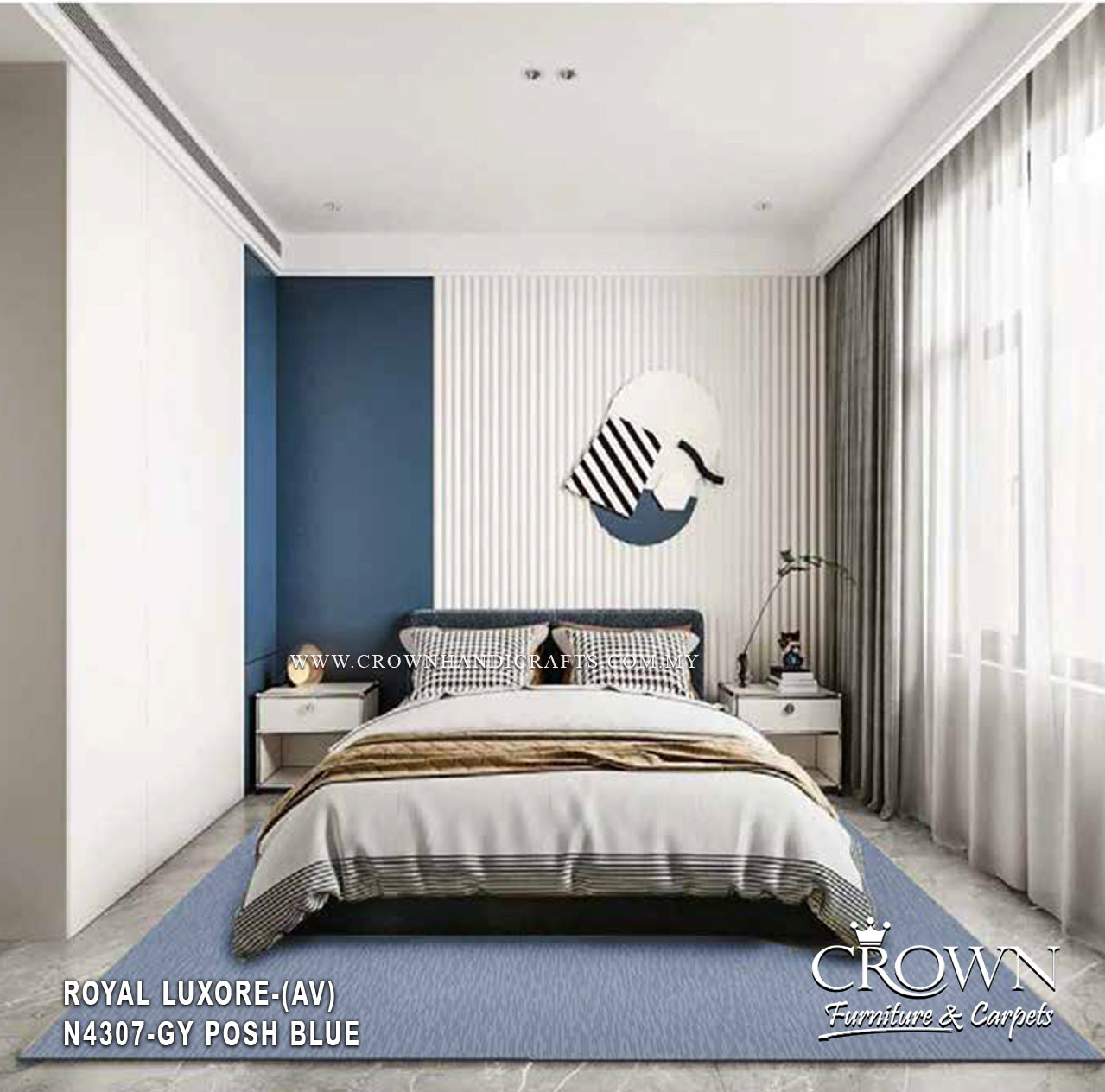 Wall-to-wall carpet in Posh Blue with dense looped texture