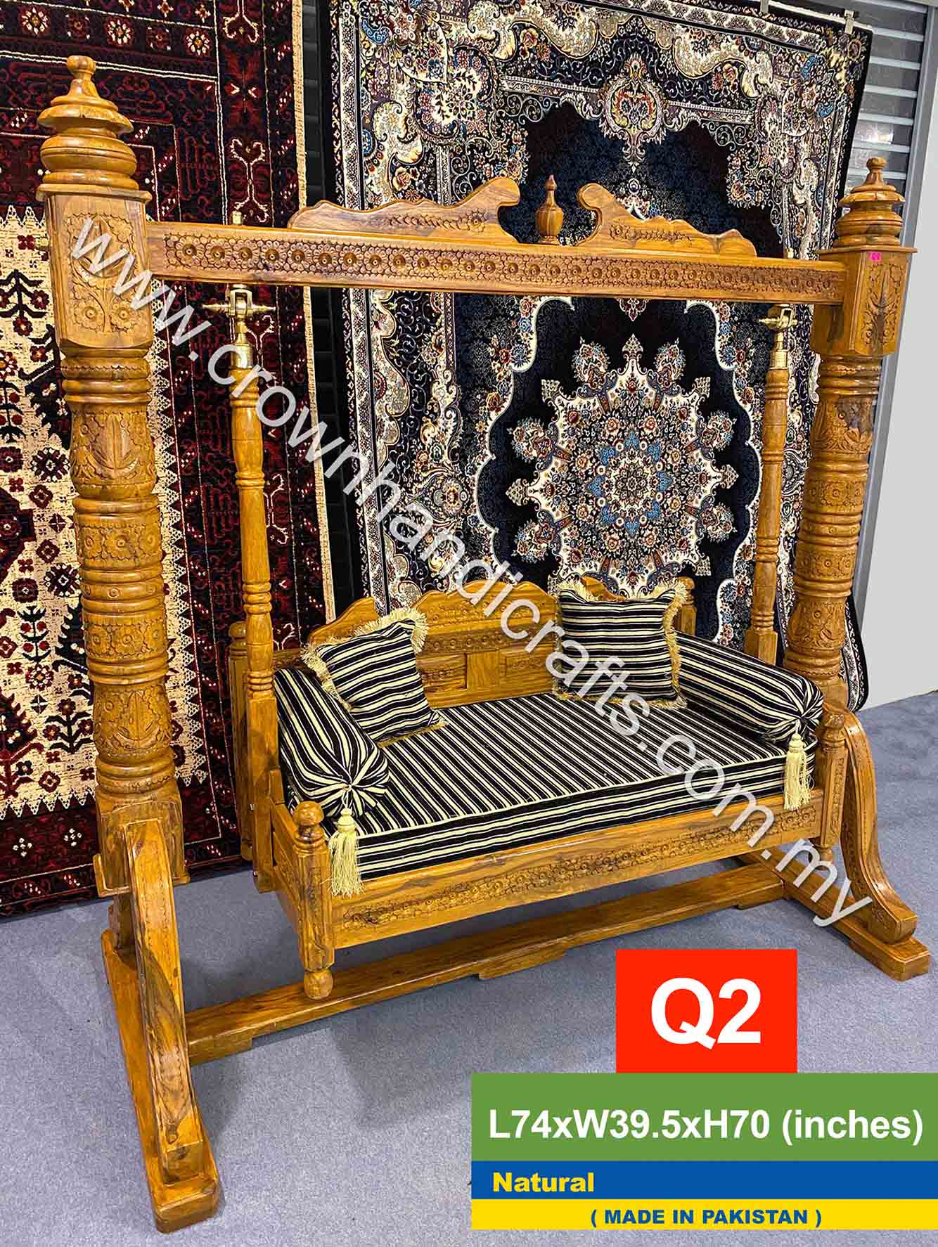 Maharaja Swing 2 seater Luxurious Handcrafted Indian and Pakistani Wooden Swing in Premium Rosewood, Combining Traditional Elegance and Modern Luxury for Your Home Decor Maharaja Swing 2 Seater Q2