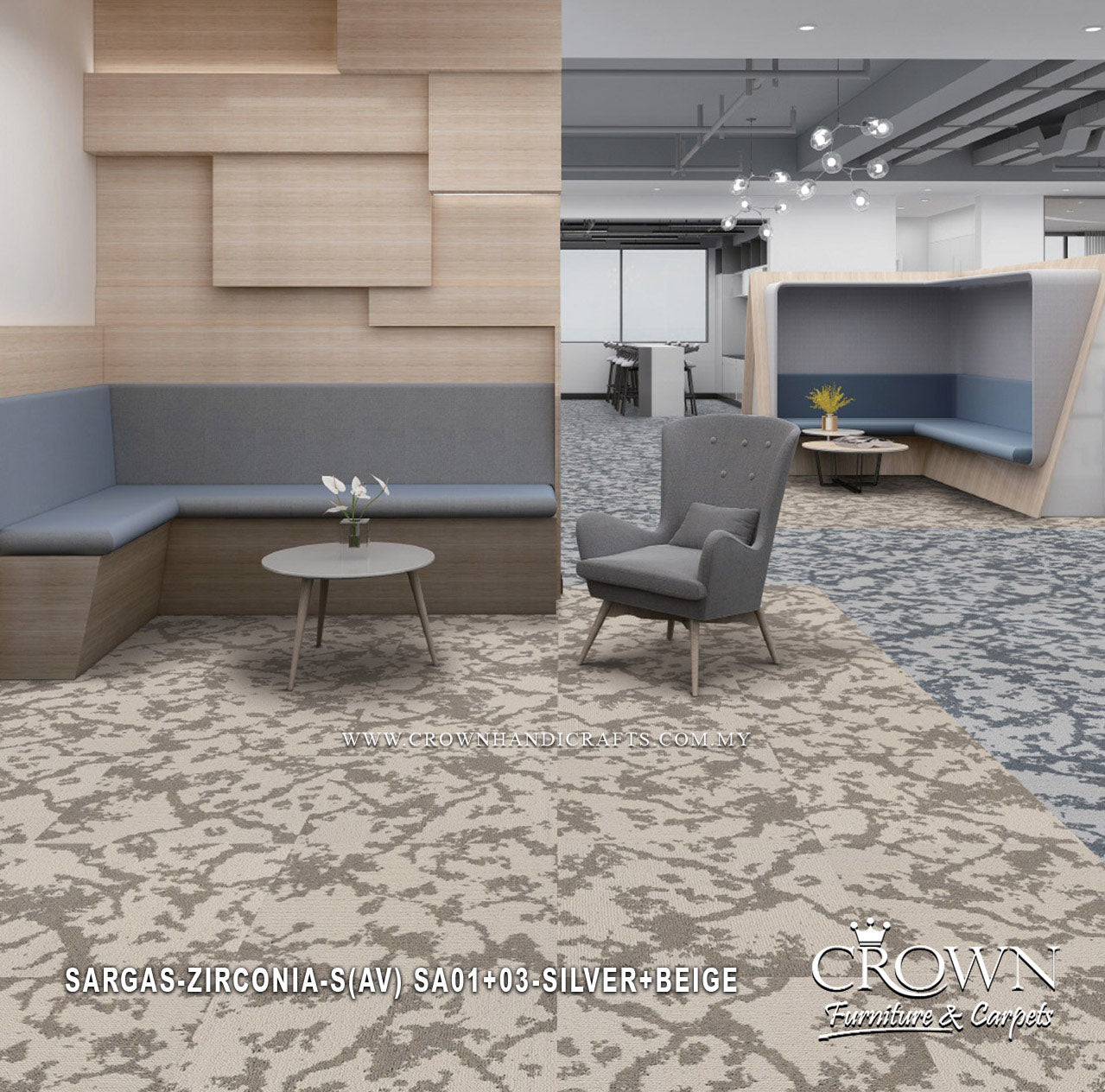 Silver and beige abstract textured carpet tile with mottled pattern surface