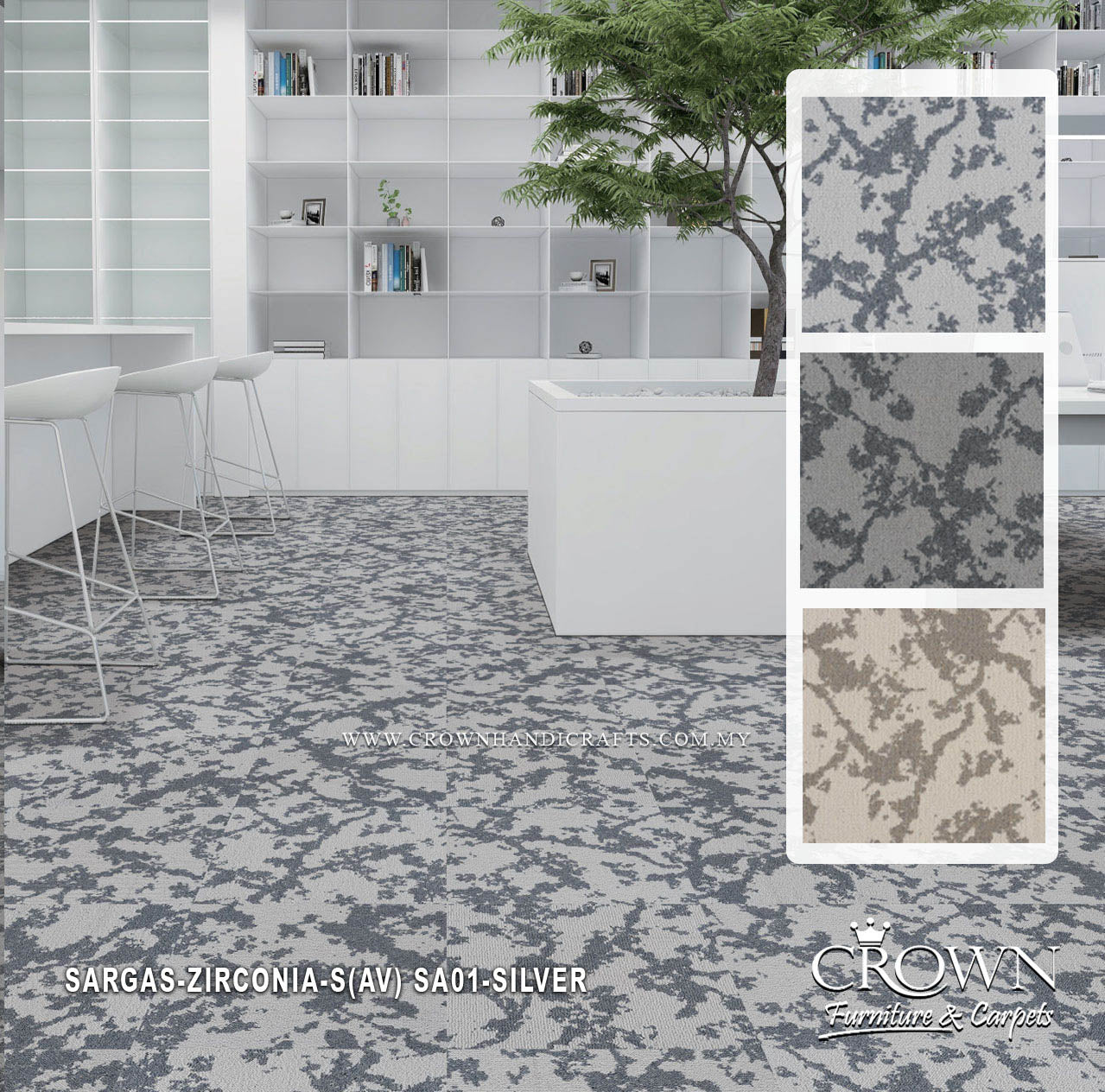 Silver grey abstract textured carpet tile with mottled pattern, square format