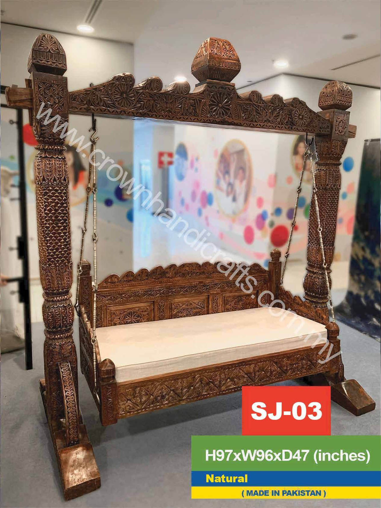 Grand Shah Jahan Swing 3 seater Luxurious Handcrafted Indian and Pakistani Wooden Swing in Premium Rosewood, Combining Traditional Elegance and Modern Luxury for Your Home Decor Shah Jahan SJ-03