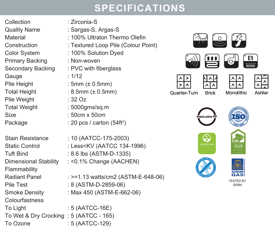 Carpet tile specifications chart with technical data icons on a white panel