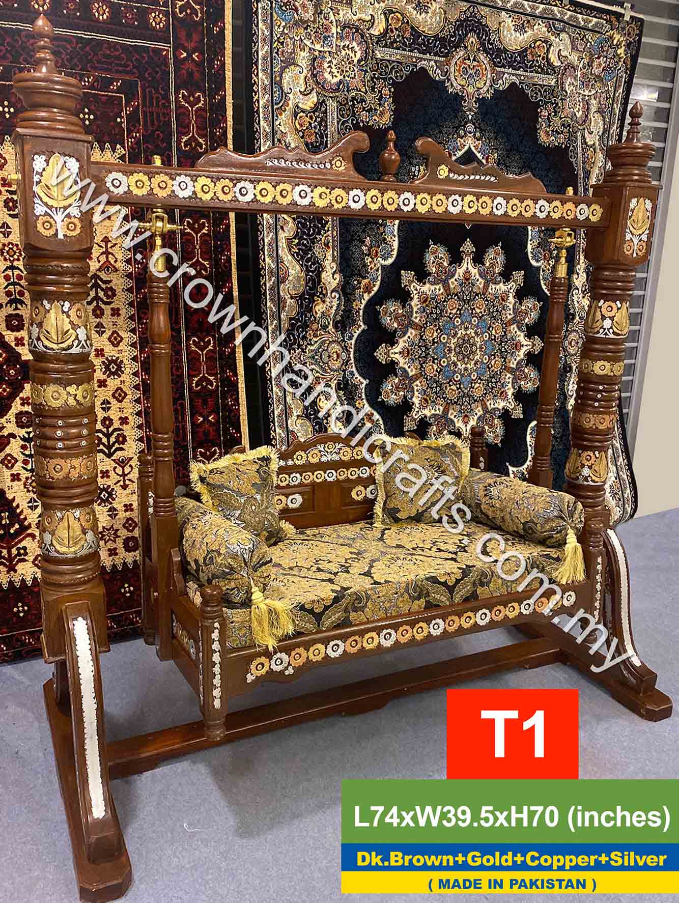 Maharaja Swing 2 seater Luxurious Handcrafted Indian and Pakistani Wooden Swing in Premium Rosewood, Combining Traditional Elegance and Modern Luxury for Your Home Decor Maharaja Swing 2 Seater T1