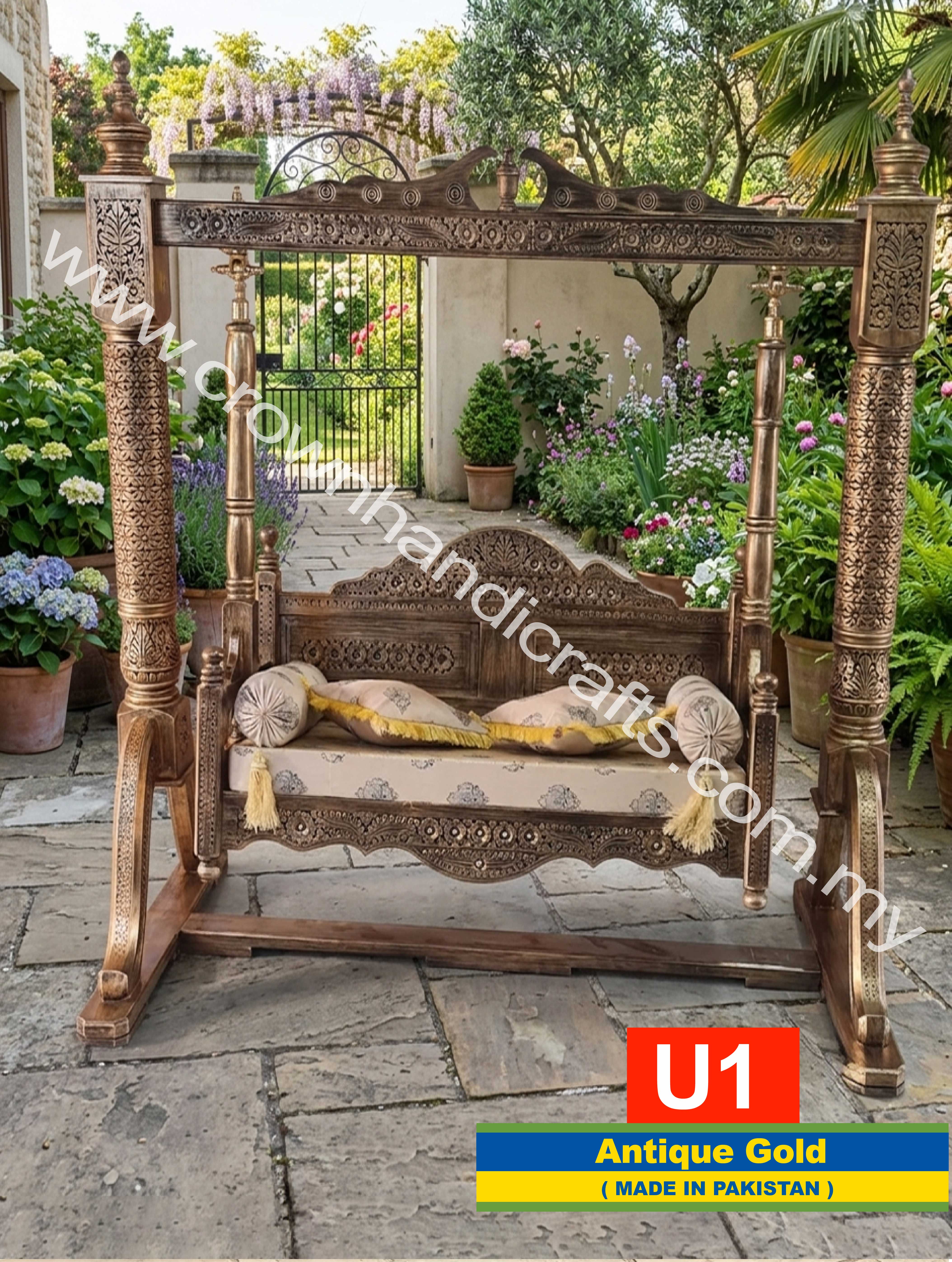Grand Heritage Hanging Swing – Artisan Craftsmanship in Premium Rosewood | U1 (ANTIQUE GOLD)