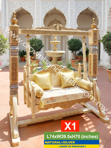 Maharaja Heritage Swing – 2-Seater Rosewood Elegance | Classic South Asian Artistry Meets Modern Living - X1 (NATURAL+SILVER)